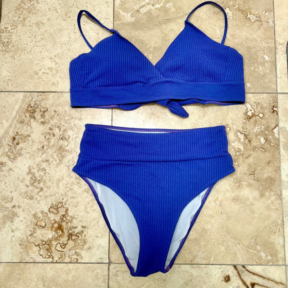 Unbranded‎ Indigo Blue Ribbed High Waisted Bikini Set Wrap Tie Top 1XL